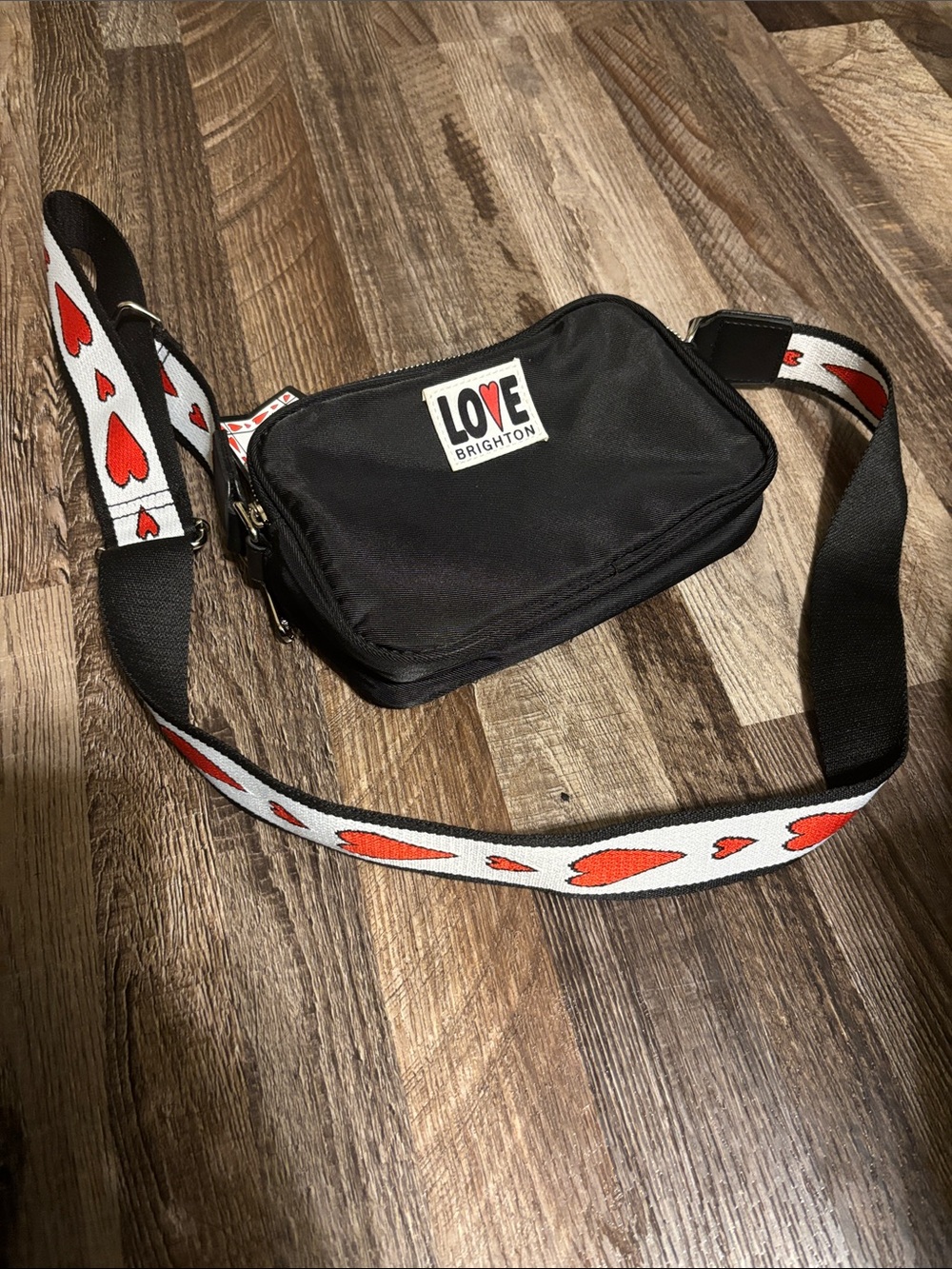 Brighton Black Messenger Bag with Red Heart Strap